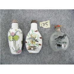 3 Snuff Bottles: 2 Porcelain, 1 glass,  1 has fish, 1 has bird, glass 1 has fish (11)