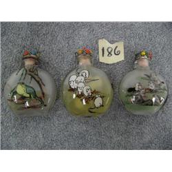 3 Snuff Bottles, Glass, painted from inside, 1 has White mice, 1 has bull frog, 1 has a group of Chi