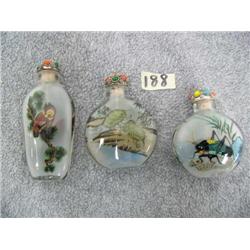 3 Glass Snuff Bottles, 1 has grasshopper, 1 has owl in a tree, 1 has 2 turtles (11)