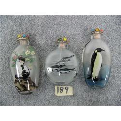 3 Glass Snuff Bottles, 1 Has cat, 1 has penguin, and 1 has 4 fish (11)