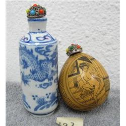 Blue and White Porcelain Snuff Bottle and Snuff Bottle with Scrimshaw of Naked Lady climbing into ho