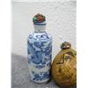 Image 3 : Blue and White Porcelain Snuff Bottle and Snuff Bottle with Scrimshaw of Naked Lady climbing into ho