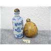 Image 4 : Blue and White Porcelain Snuff Bottle and Snuff Bottle with Scrimshaw of Naked Lady climbing into ho