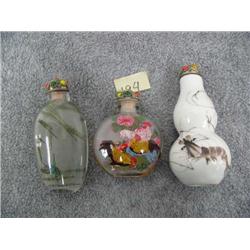 3   Snuff Bottles , 2 are glass and 1 is Porcelain.  Chickens, Shrimp and Grasshopper (11)