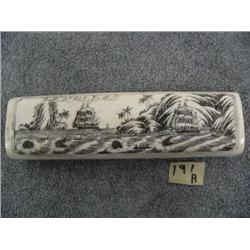 CHOICE on 2 Scrimshawed Bone boxes:  A is with 2 Sailing vessels in a tropical Paradise (11)