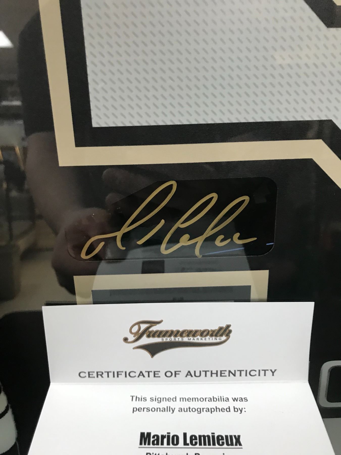 MARIO LEMIEUX SIGNED AND CUSTOM FRAMED JERSEY NUMBER SHADOW BOX