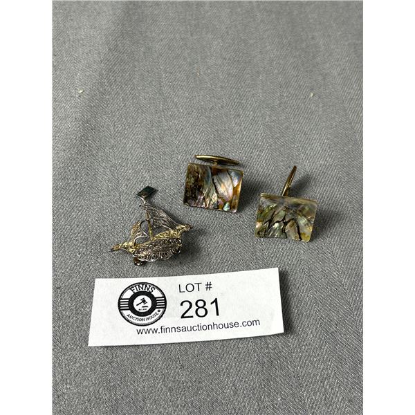 Vintage Abalone Cuff Links & Marked 925 Sterling Silver Sail Boat Pin/Brooch w/ Gold Wash. Nice Deta