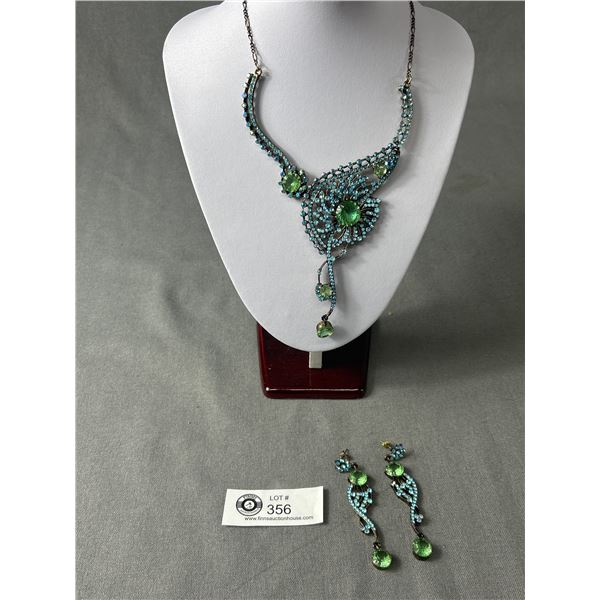 Gorgeous Vintage Blue/Green Rhinestones Necklace w/ Matching Earrings Set