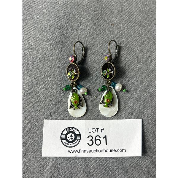 Pair Of Fish Dangle Earrings w/ Enamel & Rhinestones