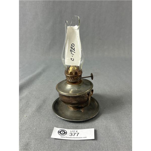 Circa 1920 Small Oil Lamp. Glass Chimney Needs Replacing. Approx. 7 1/4" H w/ Chimney