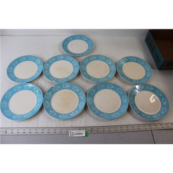 (9) Empress Ironstone Ware Moderne-Blue Plates (2 Chipped and 1 Broken and Glued Together)