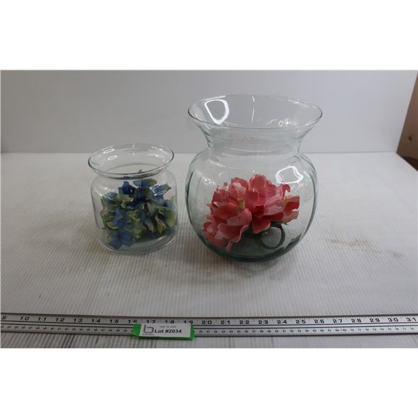 (2) Glass Vases with Pink and Blue Flowers