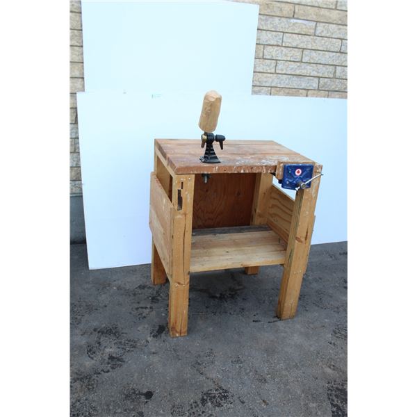 **Wooden Custom Built Shopwork Bench with Attached Carving Vise - 24  x 30  x 38  High