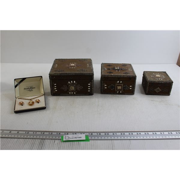 (3) Jewelry Boxes, Florentine Filigree Cameo Necklace and Earring Set