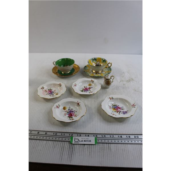 (4) Royal Crown Derby Dishes - Some Paint Bleed, (2) Hand Painted Teacups - Made in Occupied Japan, 