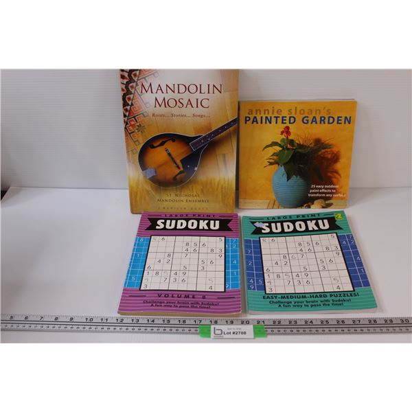 (4) books - Hardcover "Mandolin Mosaic"; 2 - Sudoku Puzzle Books; Gardening Book