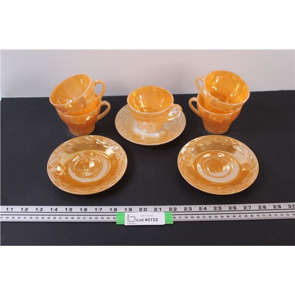 (8) Fire King Peach Lustre - 5 Tea Cups Swirl Pattern and 3 Tea Saucers Leaf Pattern