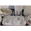 Image 2 : (16) Assorted Kitchenware -Tea Cups, Saucers, Cream & Sugar, 2 small Plastic Pitchers, and 5 Shooter