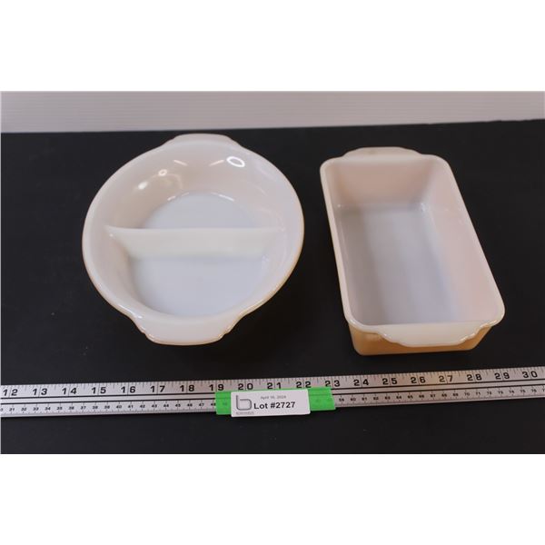 (2) Fire King Peach Lustre Ovenware: Large divided Baking Dish - 12 ; Loaf / Bread Pan - 10 1/2 