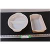 Image 1 : (2) Fire King Peach Lustre Ovenware: Large divided Baking Dish - 12"; Loaf / Bread Pan - 10 1/2"