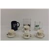 Image 1 : (11) Lot of Tea Cup 8 Piece Set; Rider Mug; Police Mug; Square Glass Vase with Decorative Rocks