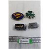 Image 1 : (4) Metal Belt Buckles - Superman, 3-Leaf Clover, etc.)