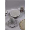 Image 3 : (5) Small Swirl Brand Plates, (2) Saucers, (1) Cup, (5) Mugs, Small Vase, Crystal Cream Pitcher, Sug