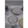 Image 4 : (5) Small Swirl Brand Plates, (2) Saucers, (1) Cup, (5) Mugs, Small Vase, Crystal Cream Pitcher, Sug