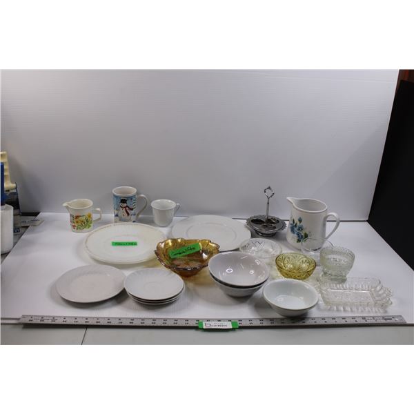 Glassware and Mela-Ware Dishes of Various Manufacturers - (2) Federal Plates, Carnival Glass Dish, B