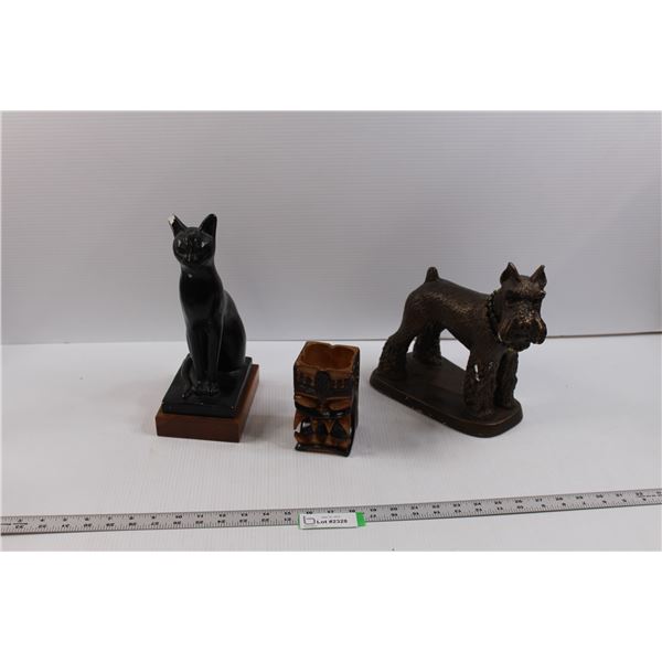 Plaster Cat and Dog Statues (Some Chipping on Both) & Polynesian Inspired Wooden Ashtray