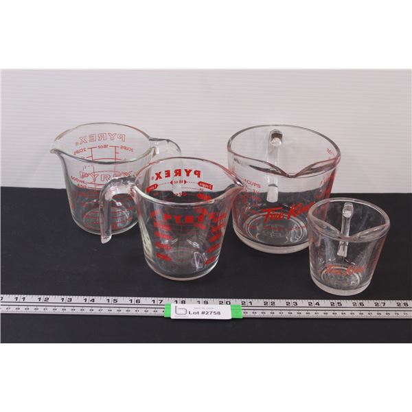 (4) Vintage Glass Measuring Cups: 2 - Fire King 4 Cups & 1 Cup; 2 Pyrex both 2 Cups