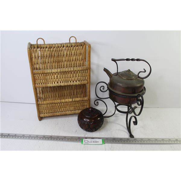 Vintage Wicker Spice Rack - Vintage Kettle on Stand - Carved Dish