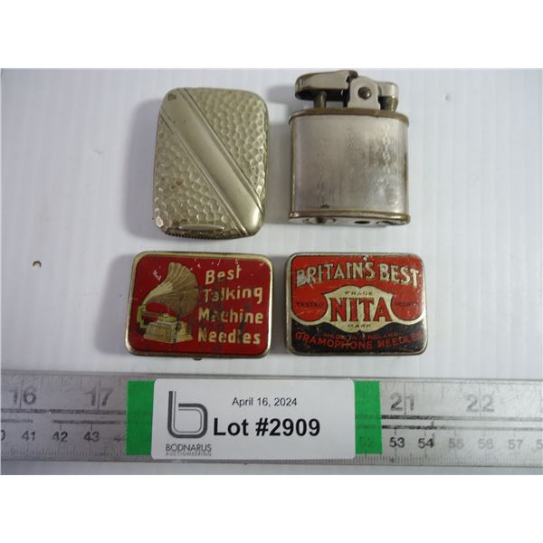 (2) Metal Gramophone Needle Containers(empty) (1) Lighter and (1) Metal Match Container