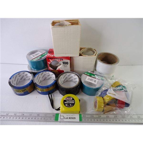 (8) Rolls of Duct Tape (various colors), Light Bulbs, Rolls of colored tape and Tape Measure