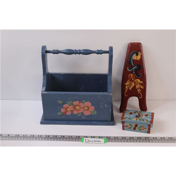 (3) Handpainted / Decorated Wooden items: Large Basket; Small box