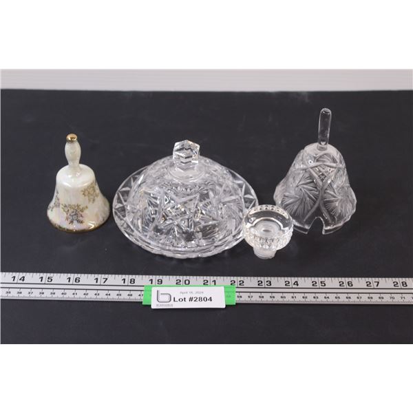 (4) Lot of Cut Glass and Porcelain Bell: 2 Piece Butter Dish; Pear shaped Cover; Stopper