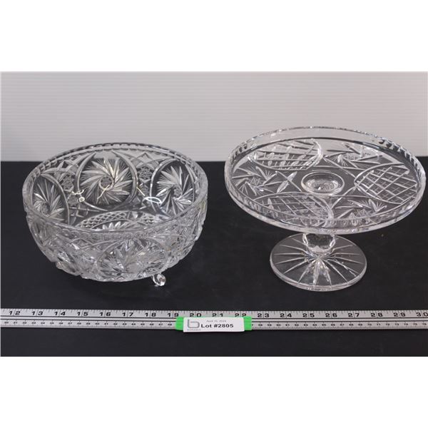 (2) Vintage cut Glass: Large Footed Fruit Bowl 8 1/2 ; Pedestal Cake Server 9  Wide