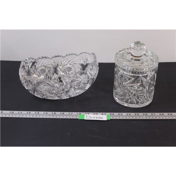 (2) Vintage Pinwheel cut Lead Crystal glass: Banana Boat - 10  Long; Humidor Cannister - 8 Tall