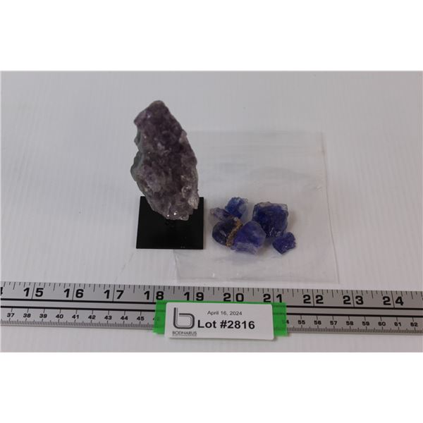 (2) Amethyst Agate on Pedestal - 5" tall; Bag of 6 small pieces of Blue agate