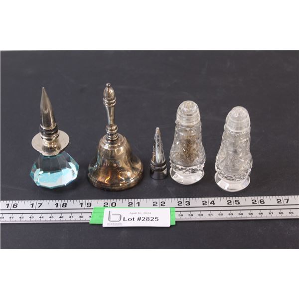 (5) Lot of Wine Bottle stoppers; Glass Salt and Pepper shakers; Metal Bell made in England