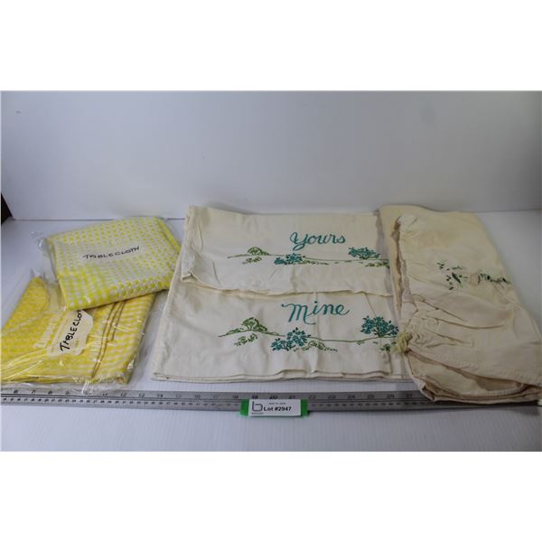 (2) Yours & Mine Flour Bags Cases - Flour Bag Draw String Bag -(2) Yellow Table Cloths (41" x 41" - 