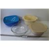 Image 1 : (3) Blue Plastic Bowls - (3) Rubbermaid Handled Bowls (1)w/Lid - Pyrex Casserole Dish