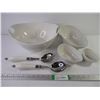 Image 1 : Porcelain Bowl,(3) Oval Egg Shaped Bowls and (2) Salad Servers
