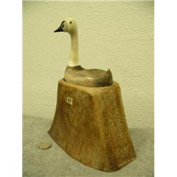 9" tall bone and baleen Canadian goose sitting on bone nest carved by Aningayou from Savoonga, AK # 