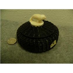 4" baleen basket with carved bowhead whale ivory finial by Robert Crumley