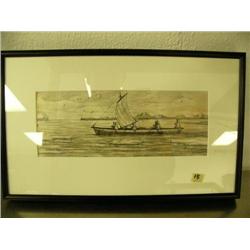 Original pen and ink drawing by George Ahgupuk on caribou skin - image size 3.75"x10" of men in umia