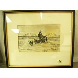 Original drawing on reindeer skin by George Ahgupuk 3.75"x 5.75" man with dog team