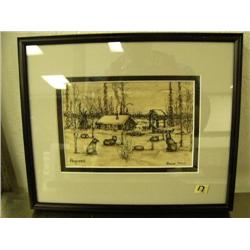 Original George Ahgupuk drawing on moose skin 3.75"x5.75" of cabin, cache, and dog team circa 1950