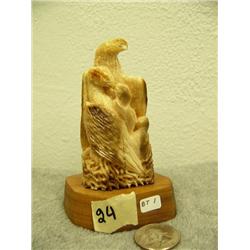 3.5" tall fossilized ivory carving of eagle family father with fish, mother feeding 2 babies mounted