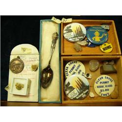 100th anniversary pin for Erie railroad, gold heart pin from Fairbanks, 1960 Alaska festival of musi